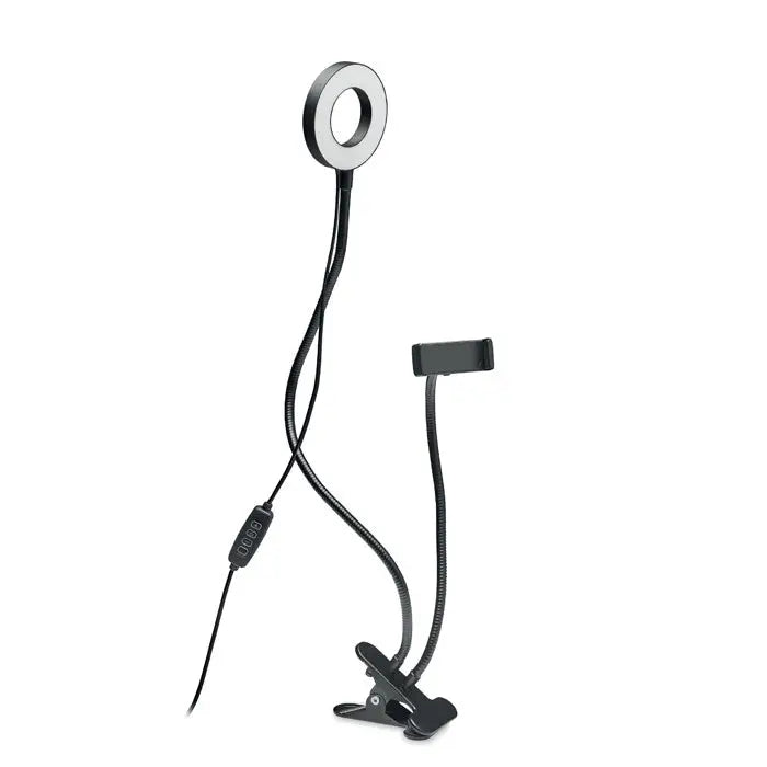 Inel luminos portabil negru cu brate flexibile si suport clema pentru telefon pentru selfie-uri usoare