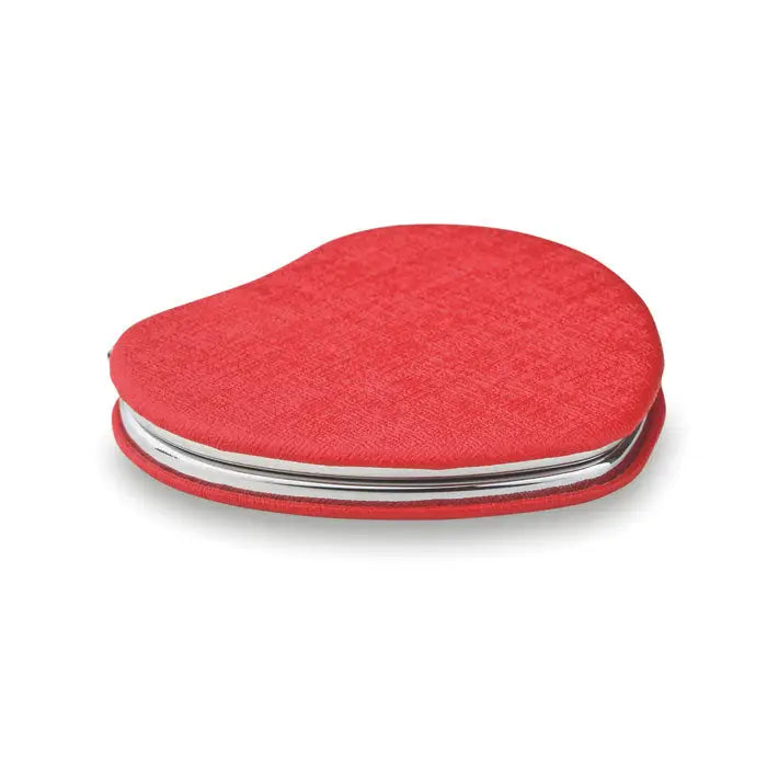 Inima oglinda pu oglinda compacta rosie in forma de inima cu coperta texturata din material fabric si margini metalice argintii
