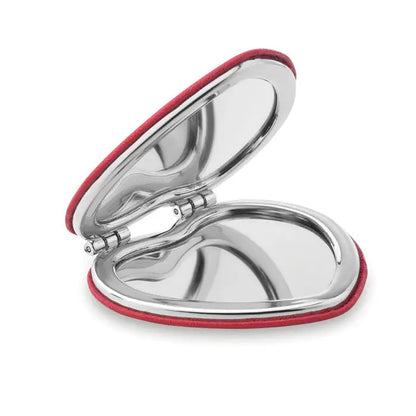 Oglinda compacta inima oglinda pu cu rama metalica argintie si garnitura eleganta din piele rosie