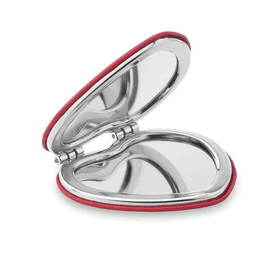 Oglinda compacta inima oglinda pu cu rama metalica argintie si garnitura eleganta din piele rosie