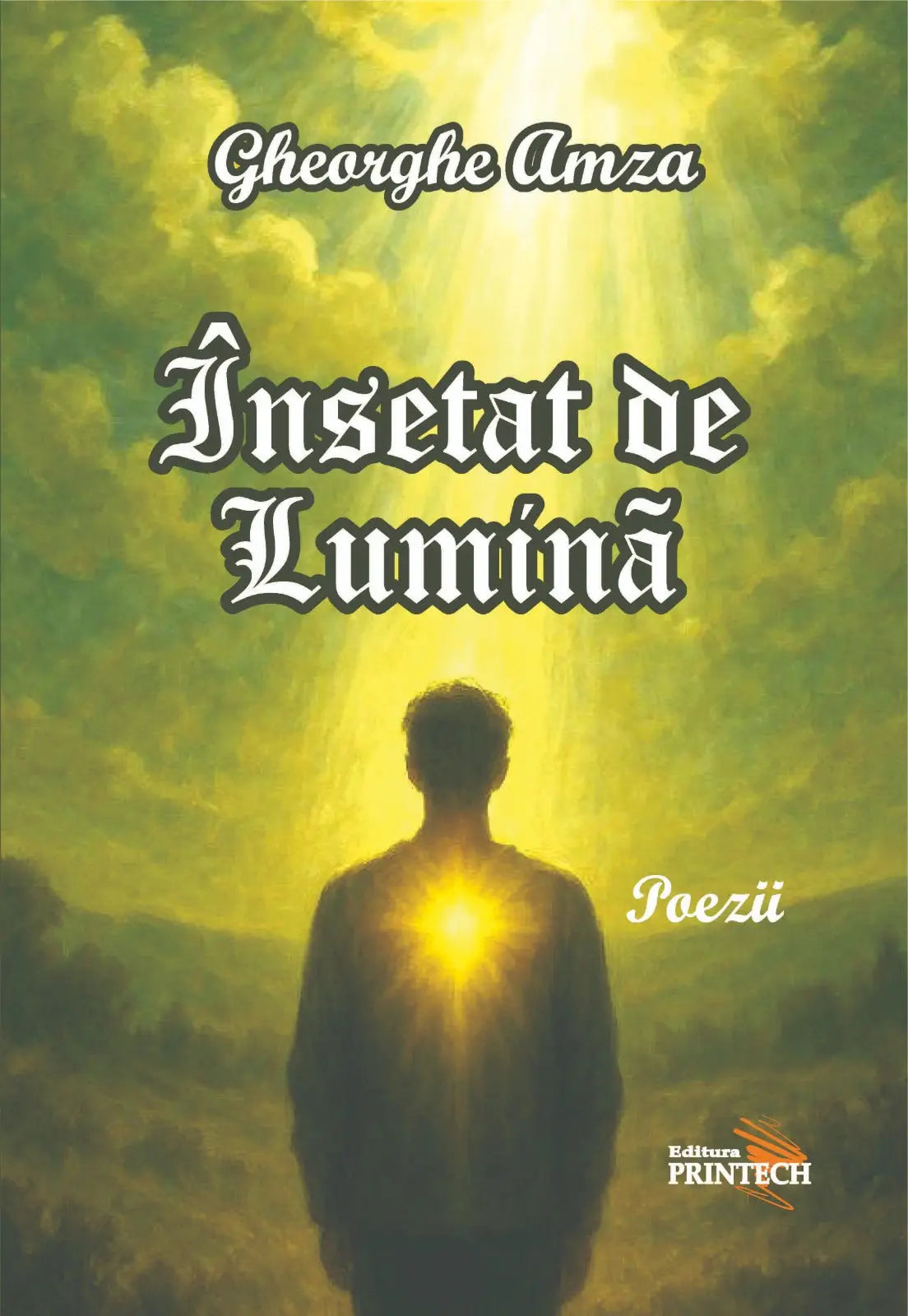 Coperta cărții insetat de lumina de gheorghe amza prezintă o siluetă cu spatele către privitor iluminată de o lumină aurie radiantă