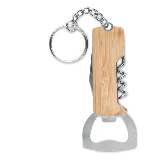 Instrument de buzunar 3 in 1 din bambus cu desfacator de sticle si lant metalic argintiu