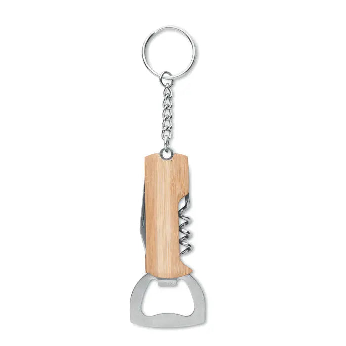 Instrument de buzunar 3 in 1 din bambus cu deschizator de sticle argintiu si tirbuson spiralat