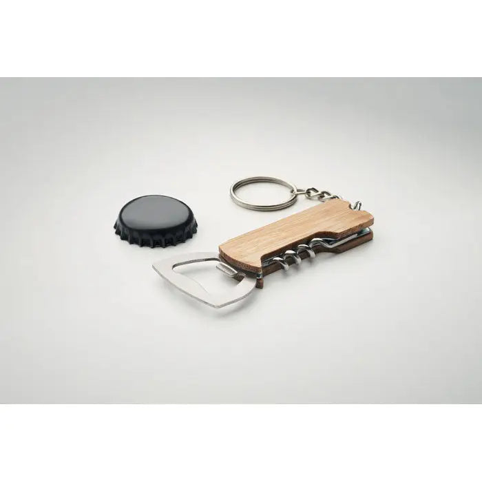 Instrument de buzunar 3 in 1 din bambus cu deschizator de sticle cu maner din lemn si inel metalic argintiu