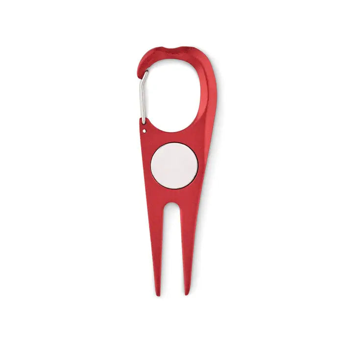 Instrument de golf din aluminiu rosu cu carabina si inserție alba pentru repararea divoturilor pe terenul de golf