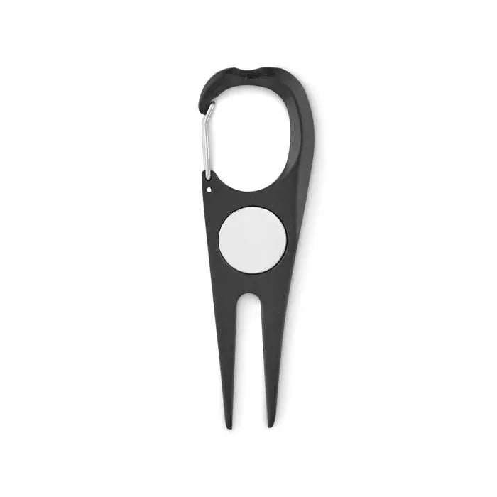 Instrument de golf din aluminiu negru cu clips argintiu carabinier si buton alb pe maner