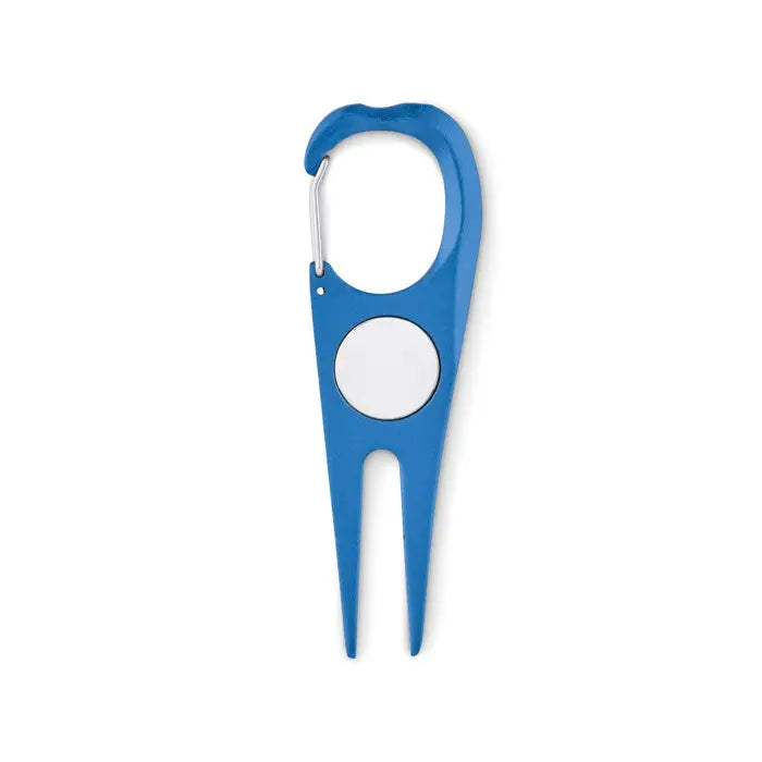 Instrument de golf din aluminiu albastru cu clips carabinier argintiu si insertie alba circulara