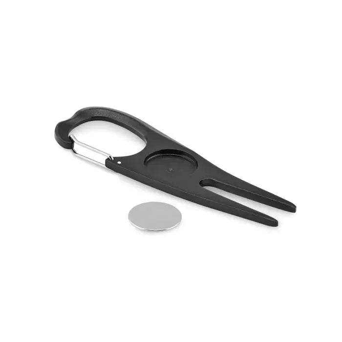 Instrument de golf din aluminiu negru cu clema carabiniera argintie si disc magnetic pentru marcarea mingii