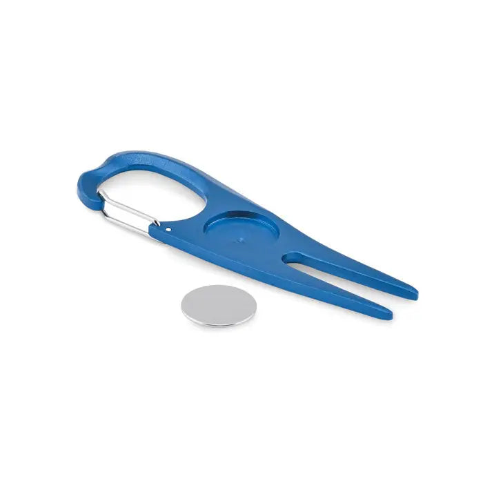 Instrument de golf din aluminiu albastru cu clema carabiniera argintie si disc metalic rotund lângă
