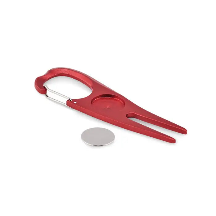 Instrument de golf din aluminiu rosu cu doua furci si carabina pentru repararea urmelor pe terenul de golf