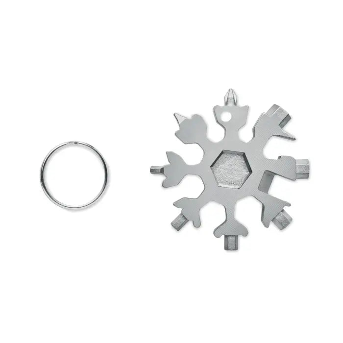 Instrument multiplu din otel inoxidabil in forma de fulg de nea argintiu cu centru hexagonal si capete multiple de scule