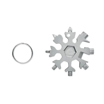 Instrument multiplu din otel inoxidabil in forma de fulg de nea argintiu cu centru hexagonal si capete multiple de scule