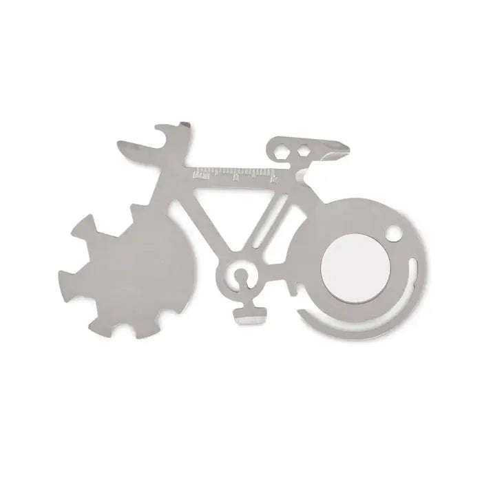 Instrument multiplu din otel inoxidabil argintiu in forma de bicicleta cu rigla integrata si decupaje tip roata dintata