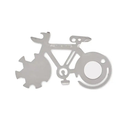 Instrument multiplu din otel inoxidabil argintiu in forma de bicicleta cu rigla integrata si decupaje tip roata dintata