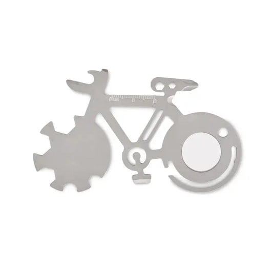 Instrument multiplu din otel inoxidabil argintiu in forma de bicicleta cu rigla integrata si decupaje tip roata dintata
