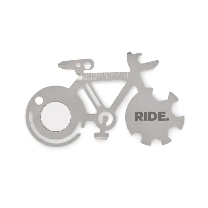 Instrument multiplu din otel inoxidabil argintiu in forma de bicicleta cu rigla integrata si design de pinion cu ride gravat