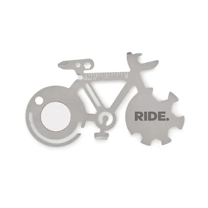 Instrument multiplu din otel inoxidabil argintiu in forma de bicicleta cu rigla integrata si design de pinion cu ride gravat