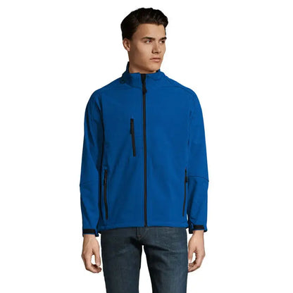 Jacarelax bărbați ss 340g jachetă soft-shell albastră cu fermoare negre și manșete drepte din material striat