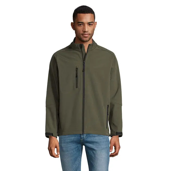 Jachetă soft-shell olive green jacarelax bărbați ss 340g cu fermoar negru și manșete striate din material moale