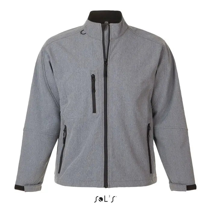 Jacheta softshell barbati jacarelax gri melanj cu fermoar negru si eticheta branded la guler