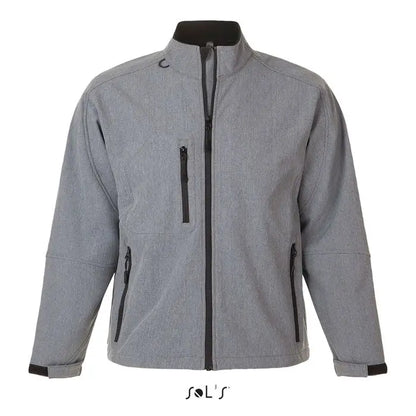 Jacheta softshell barbati jacarelax gri melanj cu fermoar negru si eticheta branded la guler