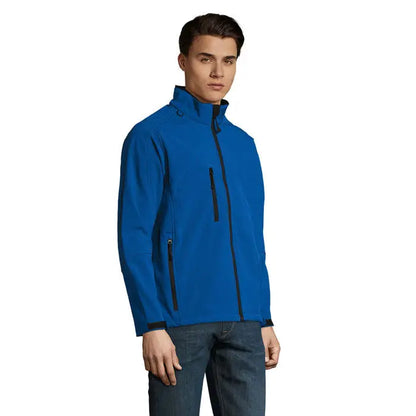 Jaca relax barbati ss 340g jachetă soft-shell albastră cu fermoar negru și detalii de culoare neagră