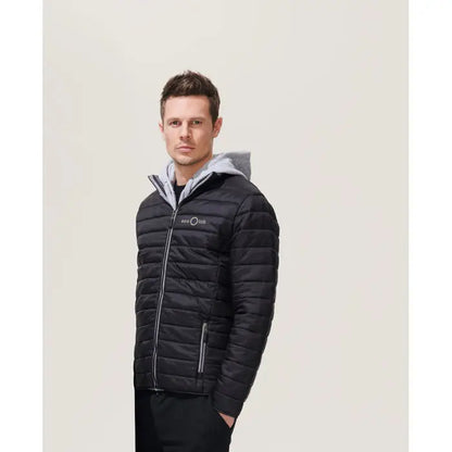 Jacheta captusita ride men neagra cu gluga gri si fermoare argintii din material matlasat
