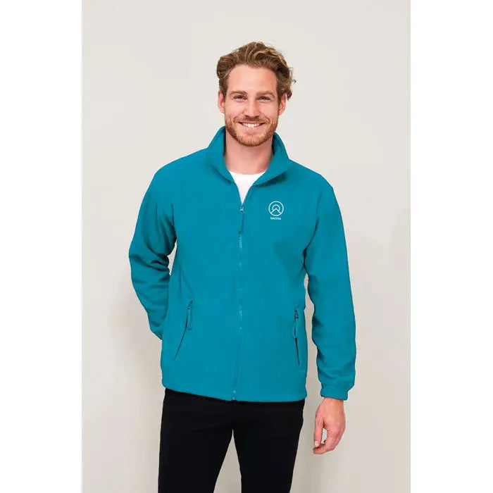 Jachetă din lână teal cu fermoar și logo alb north pe piept pentru purtare casual și outdoor
