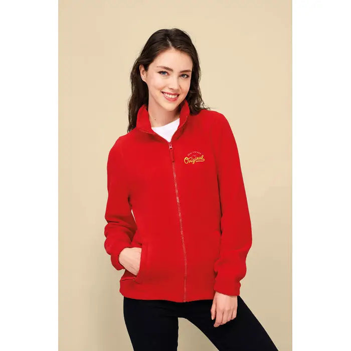 Jachetă fleece roșie de damă north 300g cu fermoar și logo brodat auriu original pe piept