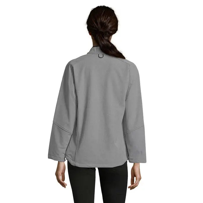 Jacheta roxy femei gri din soft-shell cu textura subtila si logo negru mic la guler, 340g