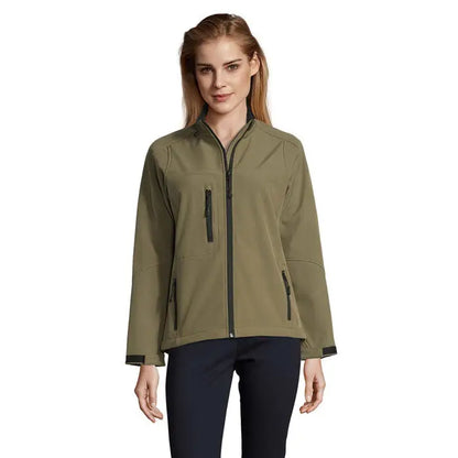 Jacheta roxy femei soft-shell olive green cu fermoar negru si cusaturi subtile 340g