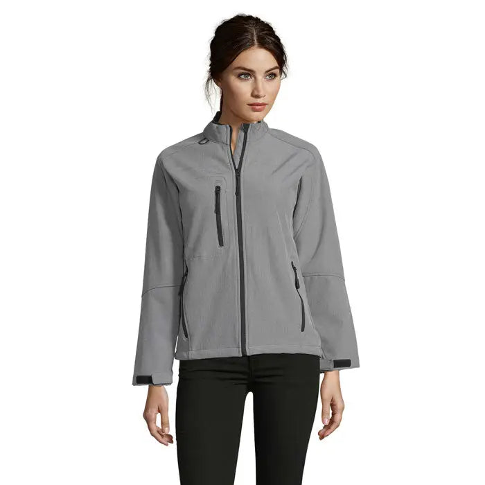 Jachetă roxy femei soft-shell gri cu fermoar negru și textură ușor tip nervuri, 340g