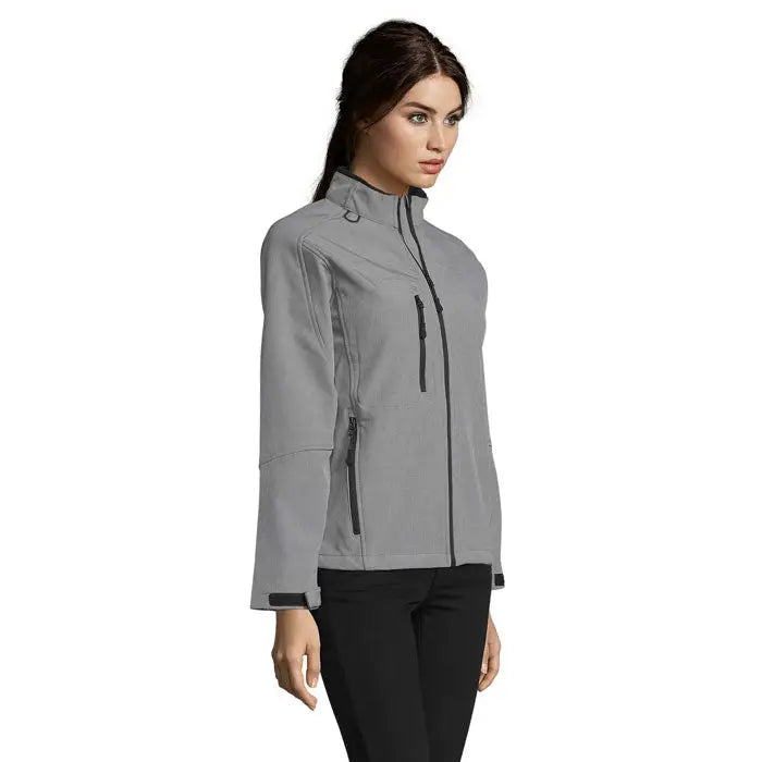 Jacheta roxy femei ss 340g din softshell gri cu fermoar negru si detalii subtile la cusaturi