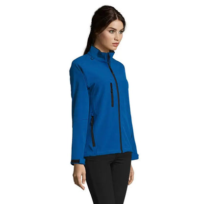 Jacheta roxy femei ss 340g albastru regal vibrant softshell cu fermoar negru si guler inalt