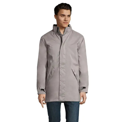 Jacheta unisex captulata robyn gri impermeabila cu guler inalt si fermoar, detalii negre la mansete si captuseala
