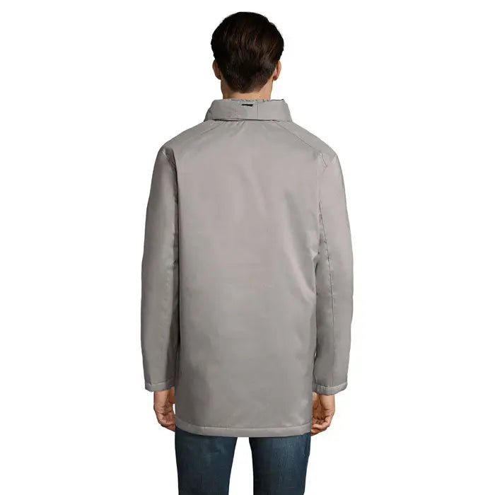 Jacheta unisex captulata robyn gri, usoara, rezistenta la apa, cu aspect subtil lucios si guler structurat