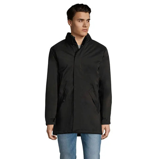 Jacheta unisex captulata robyn neagra eleganta cu guler inalt si buzunare cu fermoar din material sleek