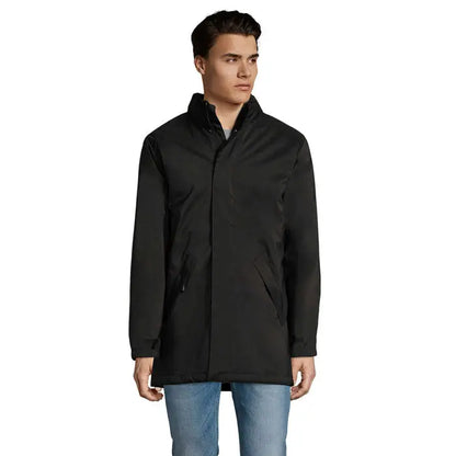 Jacheta unisex captulata robyn neagra, trench midi elegant cu guler inalt si buzunare cu fermoar