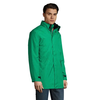 Jacheta unisex captulata Robyn verde vibrant impermeabila cu gluga si fermoar negru si detalii elegante