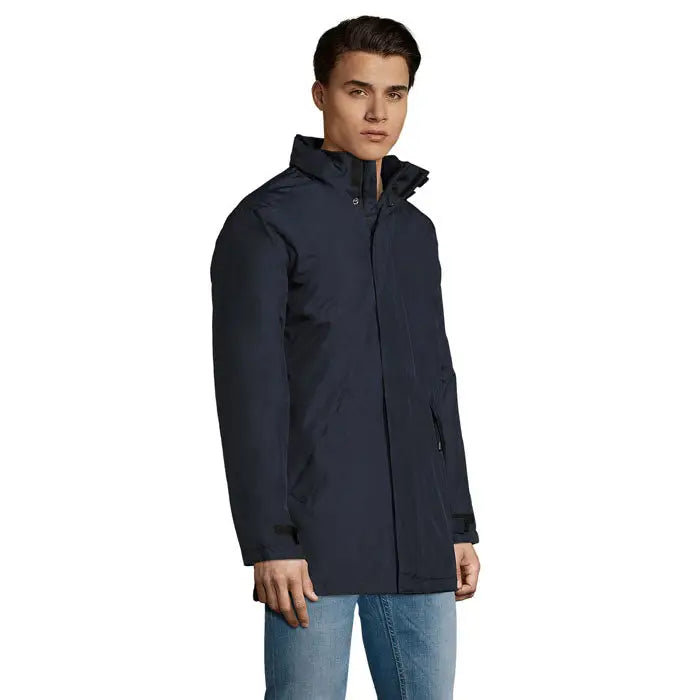 Navy blue trench coat unisex robyn cu guler inalt si buzunare cu fermoar rezistent la apa