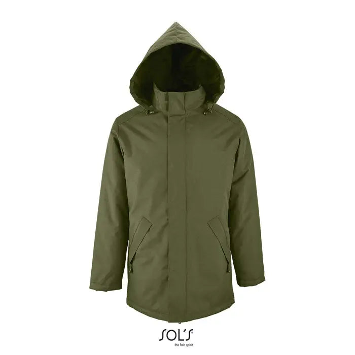 Olive green hooded unisex parka jacket with water-resistant shell and black-lined interior named jacheta unisex captulata robyn