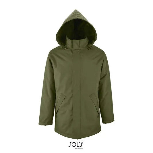 Olive green hooded unisex parka jacket with water-resistant shell and black-lined interior named jacheta unisex captulata robyn