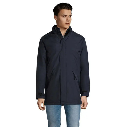 Pachet unisex captulat robyn albastru marin impermeabil cu guler inalt si buzunare cu fermoar