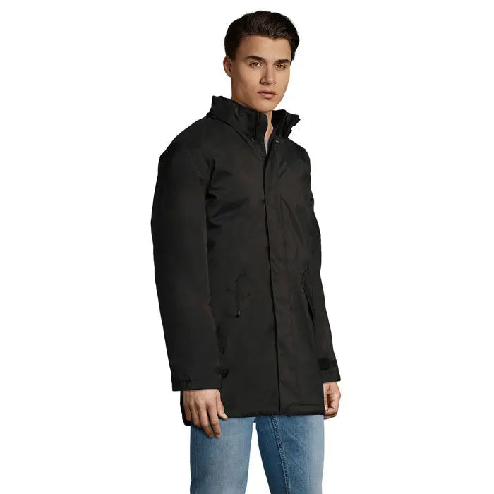 Jacheta unisex captulata robyn neagra impermeabila cu guler inalt si fermoar frontal cu buzunare laterale subtile