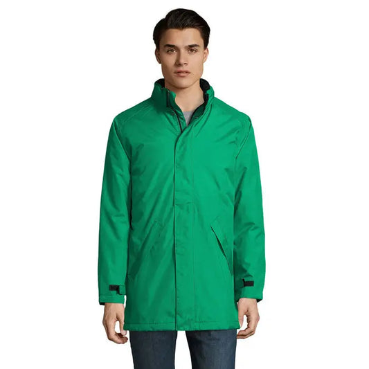 Jacheta unisex captulata Robyn verde vibrant rezistenta la apa cu guler inalt si tivuri negre la maneci