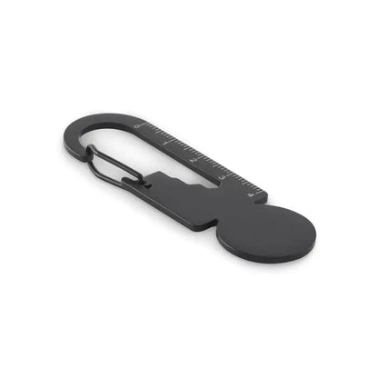 Jeton pentru breloc multifunctional negru din metal cu rigla integrata si capac circular la capat