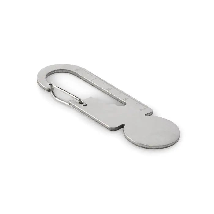 Carabinier metalic argintiu multifunctional cu rigla integrata si design pentru breloc jeton pentru breloc multifunctional