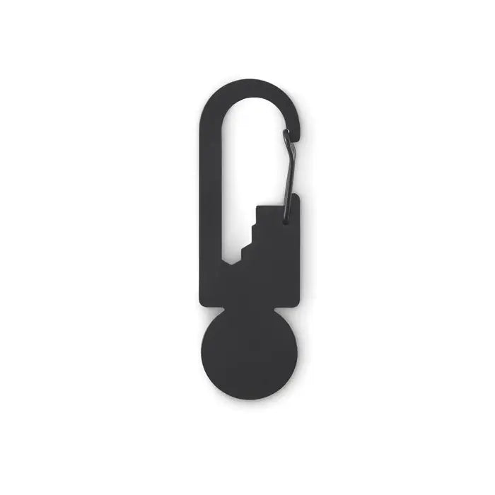 Jeton pentru breloc multifunctional negru din metal cu carabiniera in forma de cheie si cap circular cu decupaj treptat