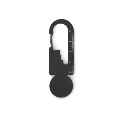 Jeton pentru breloc multifunctional negru in forma de carabiniera cu rigla integrata si design cu gaura pentru chei