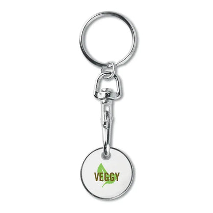 Jeton pentru chei din metal argintiu cu etichetă albă rotundă inscripționată veggy maro și frunză verde